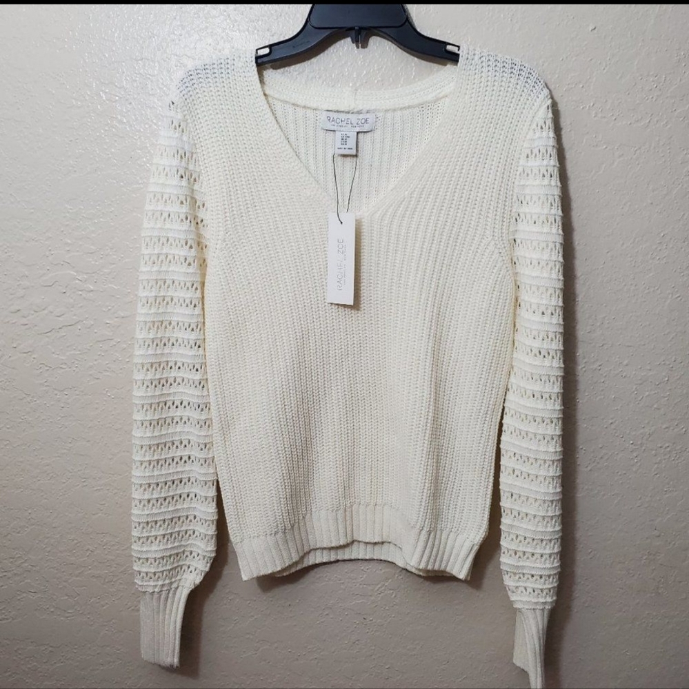 Rachel Zoe V-Neck Knit Crochet Sleeve Sweater NEW